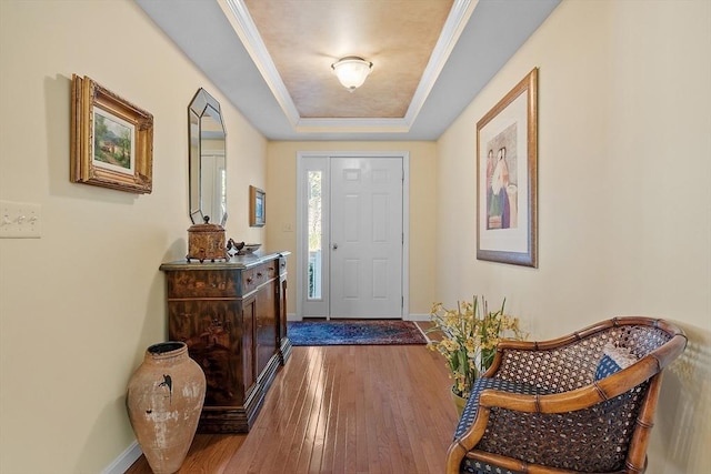 foyer featuring a tray ceiling, ornamental molding, and hardwood / wood-style flooring