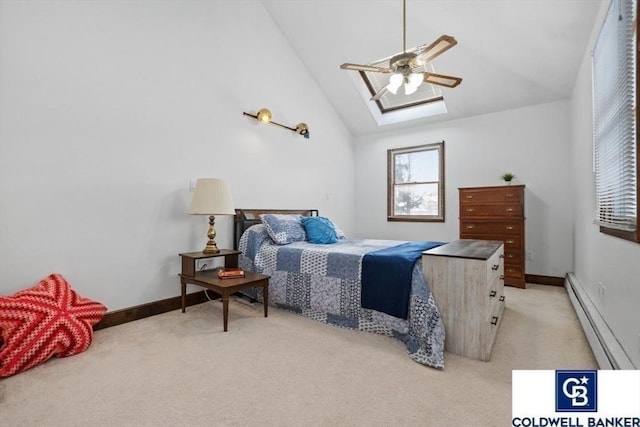 bedroom featuring lofted ceiling, baseboard heating, light carpet, ceiling fan, and baseboards