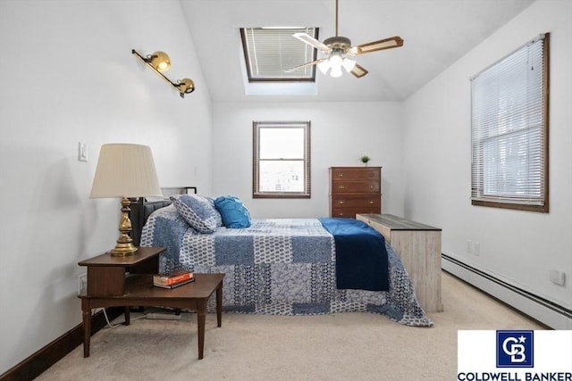 bedroom with a baseboard radiator, light carpet, vaulted ceiling, ceiling fan, and baseboards