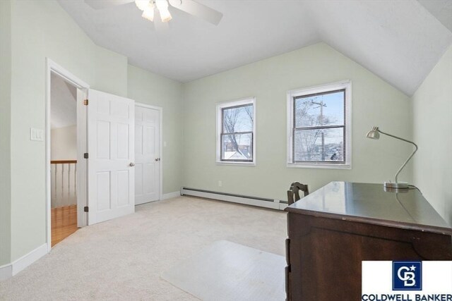 home office featuring a baseboard radiator, light carpet, ceiling fan, and lofted ceiling