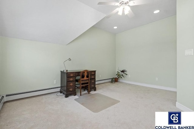 interior space with lofted ceiling, baseboards, baseboard heating, and carpet flooring