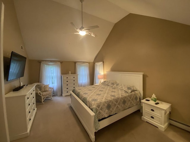 52 Cranberry Rd, Hanson, MA 02341 - bedroom with lofted ceiling, light colored carpet, ceiling fan, and a baseboard heating unit