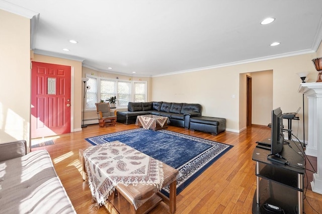 5 Northgate Rd, Chelmsford, MA 01824 - living area with crown molding, recessed lighting, light wood-type flooring, and baseboard heating