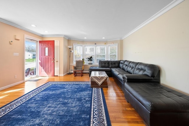 5 Northgate Rd, Chelmsford, MA 01824 - living area featuring healthy amount of natural light, wood finished floors, crown molding, recessed lighting, and a baseboard radiator