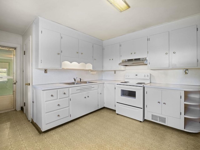 kitchen with white electric stove, under cabinet range hood, a sink, light countertops, and white cabinets