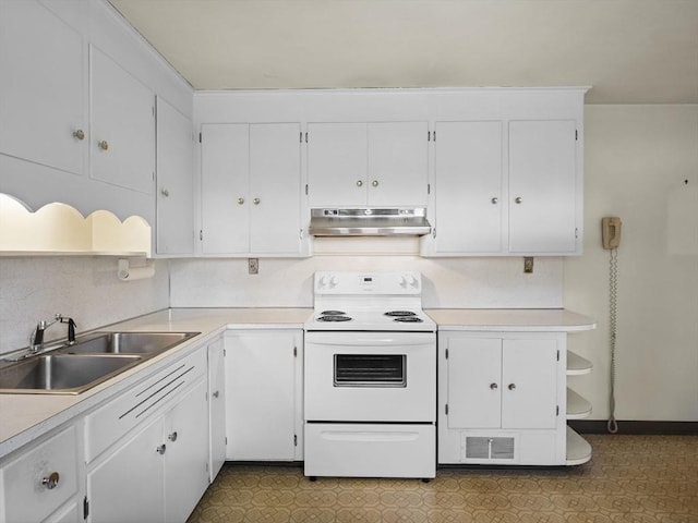 kitchen featuring electric range, a sink, under cabinet range hood, and white cabinets