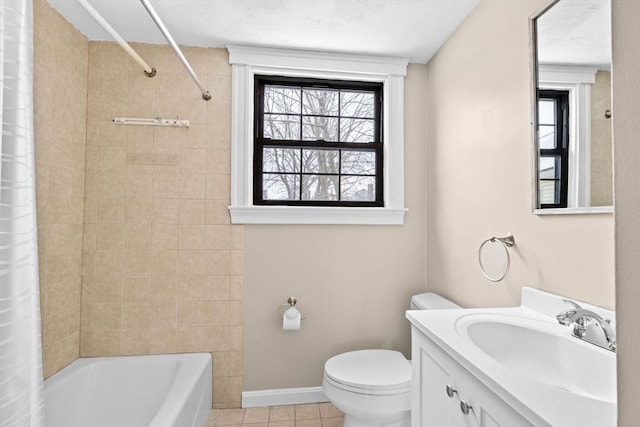 full bathroom featuring tile patterned floors, vanity, toilet, and shower / bath combo with shower curtain