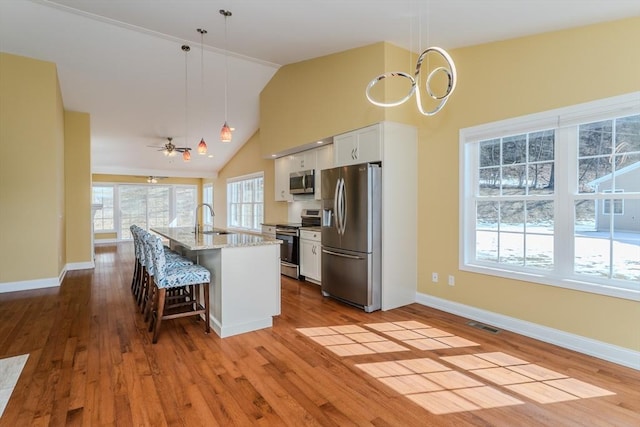 kitchen with pendant lighting, a breakfast bar, appliances with stainless steel finishes, wood finished floors, and a sink