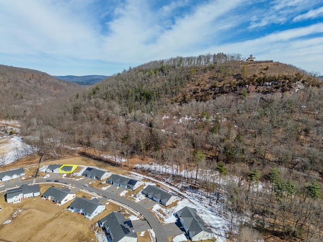 drone / aerial view featuring a mountain view