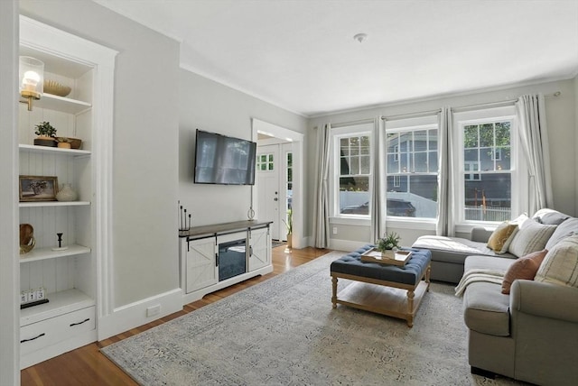 31 Dudley St, North Andover, MA 01845 - living area with wood finished floors and built in shelves