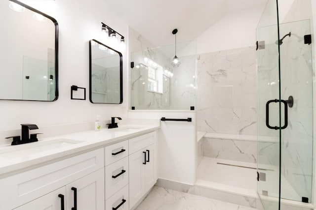 776 Allen St, Dartmouth, MA 02747 - bathroom with marble look tile flooring, a marble finish shower, double vanity, and vaulted ceiling