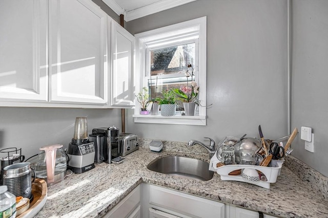 room details with white cabinets, light stone countertops, ornamental molding, and a sink