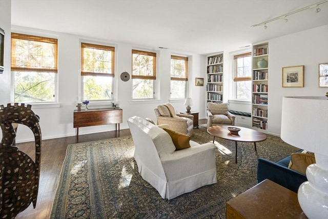 living area featuring dark hardwood / wood-style floors, track lighting, and built in features