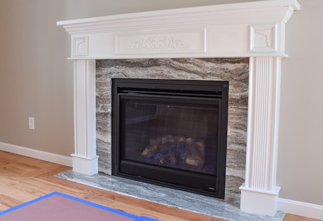 details featuring a fireplace and hardwood / wood-style flooring