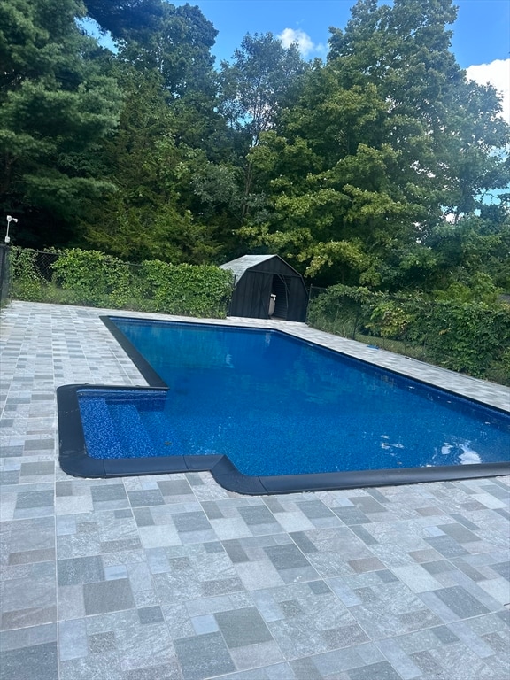 view of swimming pool featuring a patio area and a storage unit