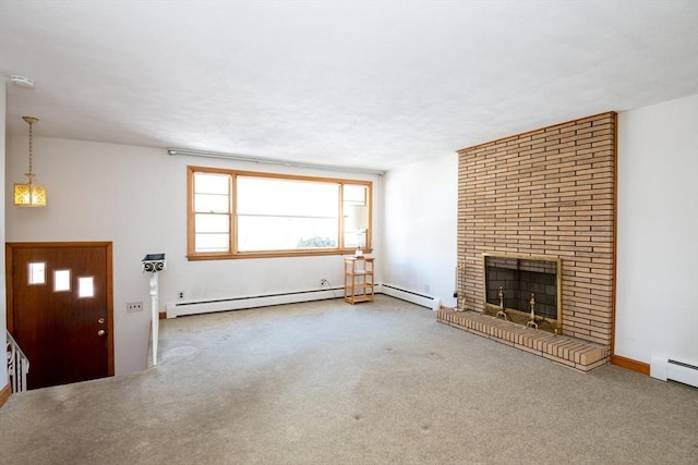 unfurnished living room featuring a baseboard heating unit, a baseboard radiator, a fireplace, and carpet floors