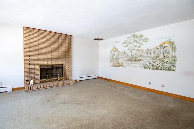 unfurnished living room with carpet floors, a brick fireplace, visible vents, and baseboards