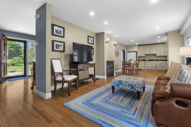 61 Colonial Dr, Arlington, MA 02474 - living room featuring light wood-type flooring, recessed lighting, and a glass covered fireplace