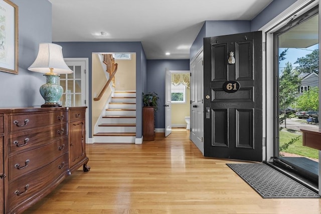 61 Colonial Dr, Arlington, MA 02474 - foyer featuring light wood finished floors, stairs, and recessed lighting