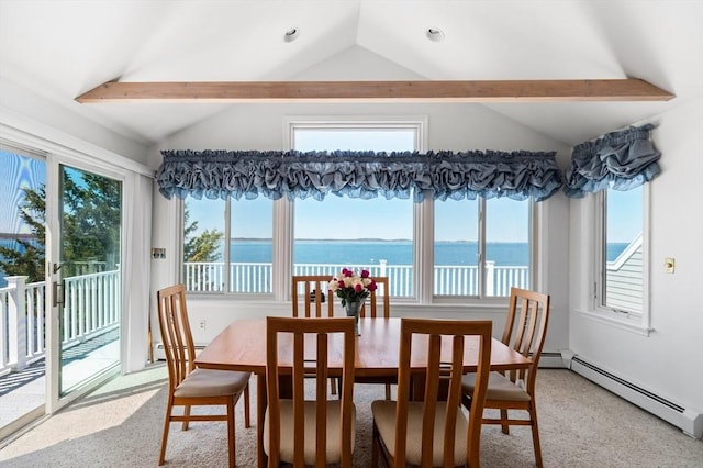 sunroom / solarium with baseboard heating, a healthy amount of sunlight, and a water view