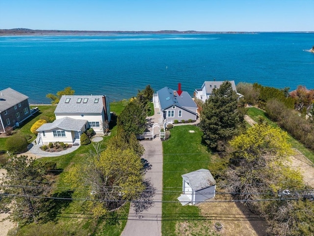 bird's eye view with a water view