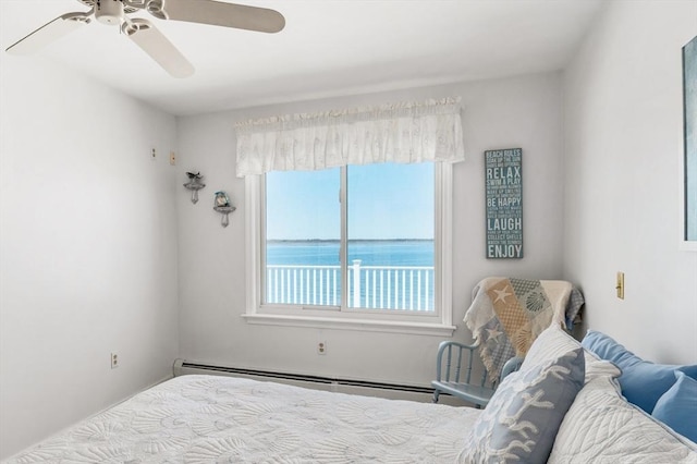 bedroom featuring a water view, ceiling fan, and baseboard heating