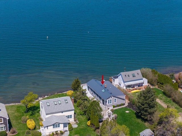 drone / aerial view with a water view