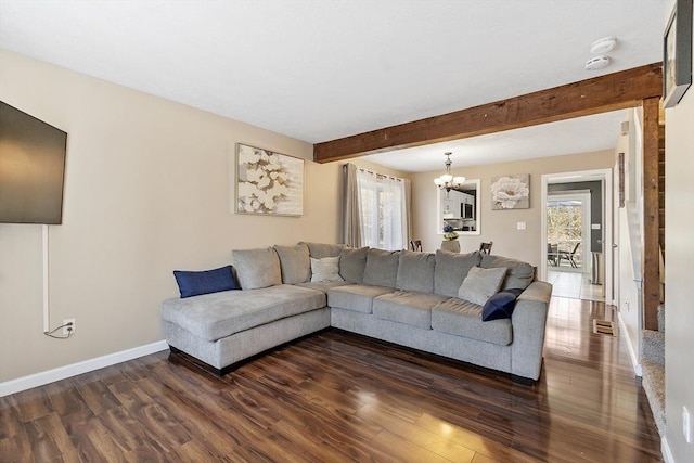 51 Fox Meadow Rd Unit A, Leominster, MA 01453 - living area with a chandelier, dark wood-type flooring, beam ceiling, and baseboards