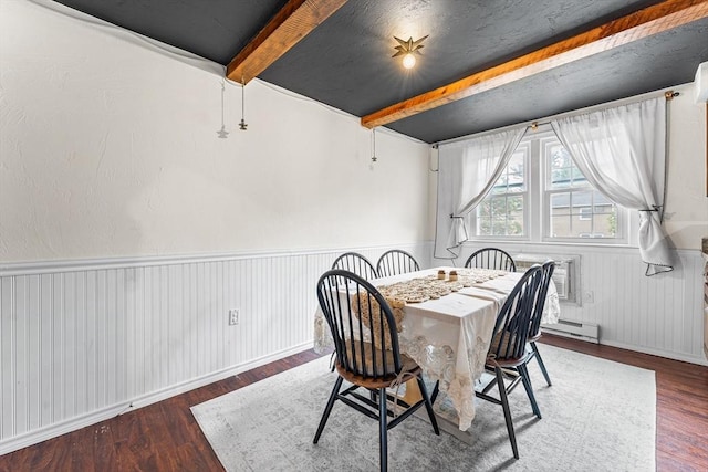 18 Cannongate Rd Unit 68, Tyngsborough, MA 01879 - dining area featuring baseboard heating, beamed ceiling, wood finished floors, and a wainscoted wall
