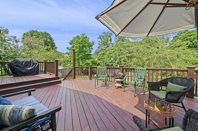 18 E St, Beverly, MA 01915 - wooden deck featuring grilling area and view of wooded area
