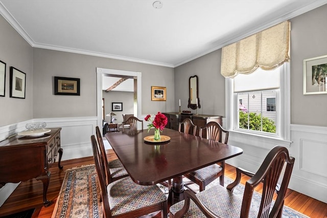18 E St, Beverly, MA 01915 - dining area featuring wainscoting, wood finished floors, and ornamental molding