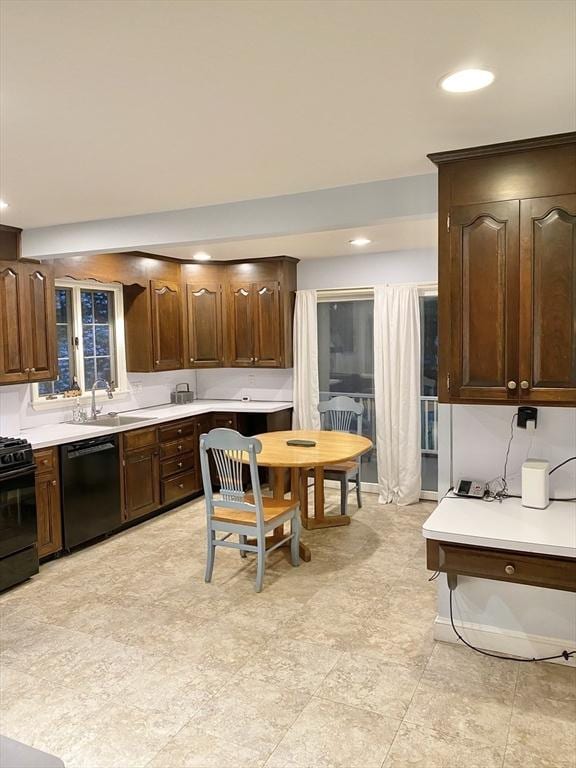 54 Hilltop St, Quincy, MA 02169 - kitchen featuring black appliances, a sink, light countertops, recessed lighting, and dark brown cabinetry