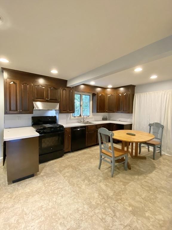 54 Hilltop St, Quincy, MA 02169 - kitchen featuring black appliances, under cabinet range hood, light countertops, dark brown cabinetry, and recessed lighting