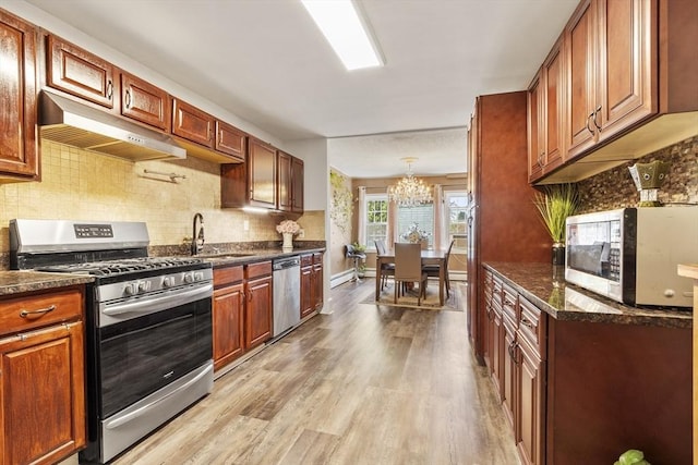 kitchen with an inviting chandelier, light wood-type flooring, under cabinet range hood, a sink, and stainless steel appliances