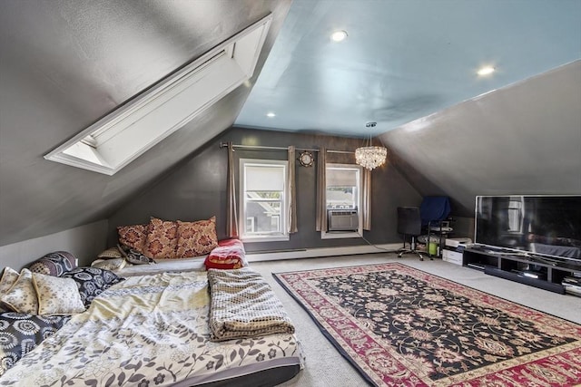 bonus room featuring a baseboard radiator, carpet, lofted ceiling with skylight, and cooling unit