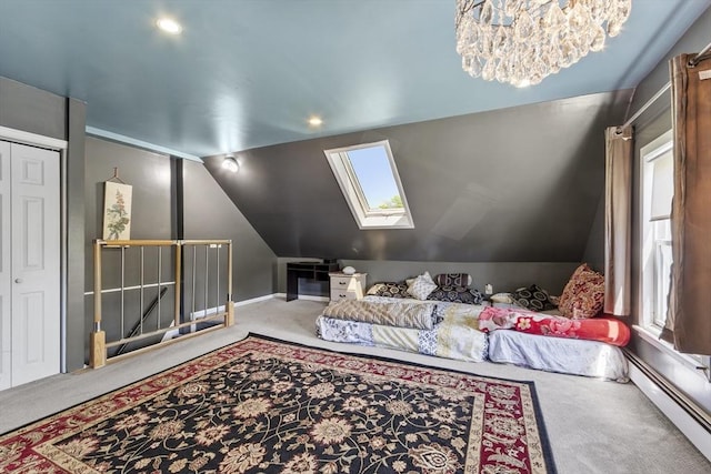 interior space with an upstairs landing, baseboard heating, carpet, and vaulted ceiling with skylight