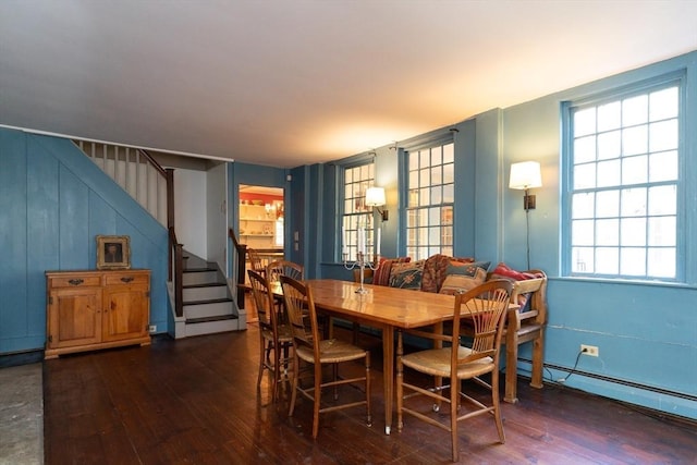 391 Brookfield Rd, Brimfield, MA 01010 - dining area featuring hardwood / wood-style floors, a baseboard radiator, and stairway