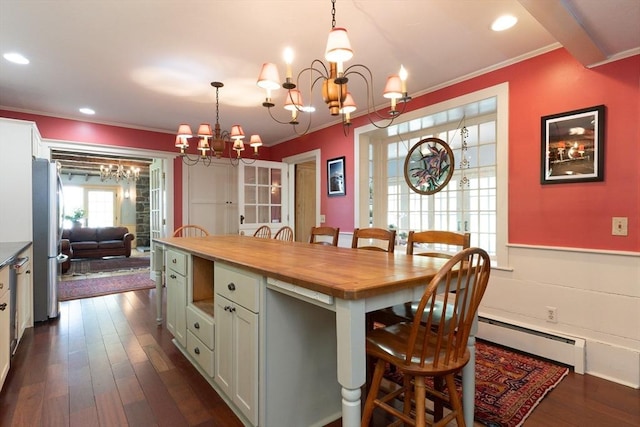 391 Brookfield Rd, Brimfield, MA 01010 - dining space featuring a chandelier, ornamental molding, a baseboard heating unit, dark wood finished floors, and recessed lighting