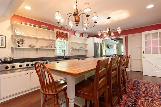 391 Brookfield Rd, Brimfield, MA 01010 - dining space with a chandelier, dark wood finished floors, crown molding, and recessed lighting