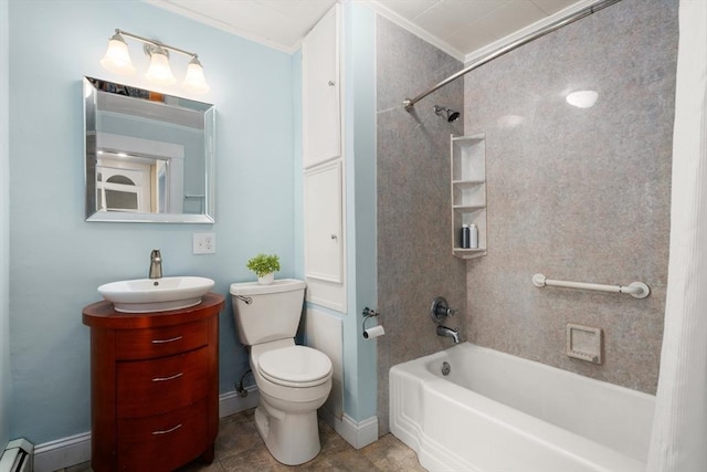 full bath with vanity, a baseboard heating unit, toilet,  shower combination, and ornamental molding