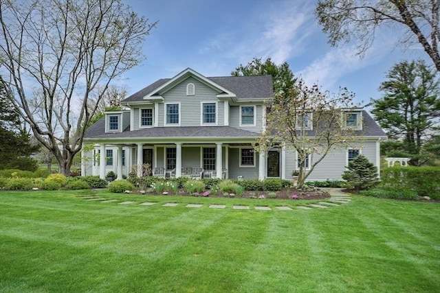 view of front of house with covered porch and a front lawn