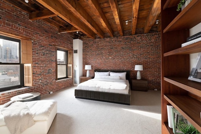 unfurnished bedroom with brick wall, carpet floors, wood ceiling, and beam ceiling