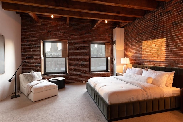 bedroom featuring brick wall, beamed ceiling, and carpet flooring