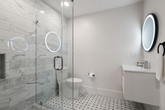 137-139 Crafts St, Newton, MA 02460 - bathroom with vanity, a stall shower, toilet, and baseboards