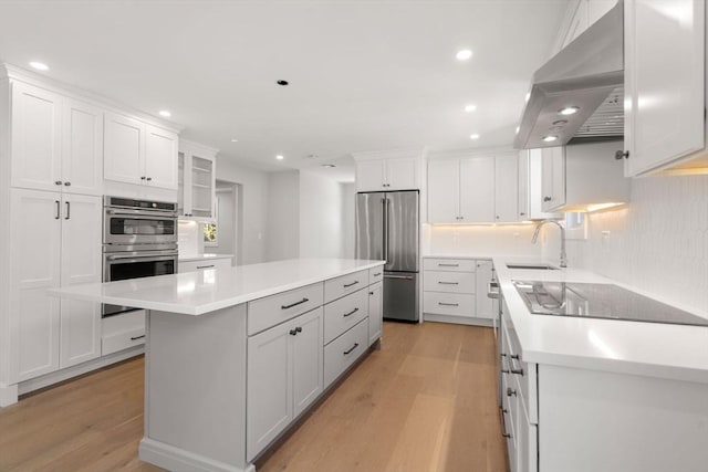 137-139 Crafts St, Newton, MA 02460 - kitchen with stainless steel appliances, range hood, a sink, light wood-style floors, and light countertops
