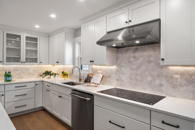 137-139 Crafts St, Newton, MA 02460 - kitchen featuring under cabinet range hood, dishwasher, black electric cooktop, a sink, and dark wood-type flooring