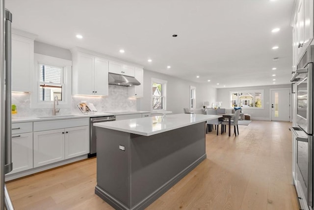 137-139 Crafts St, Newton, MA 02460 - kitchen with a sink, stainless steel dishwasher, under cabinet range hood, decorative backsplash, and recessed lighting