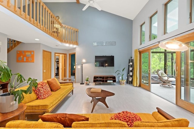887 High Rock Rd, Fitchburg, MA 01420 - living area with high vaulted ceiling and ceiling fan