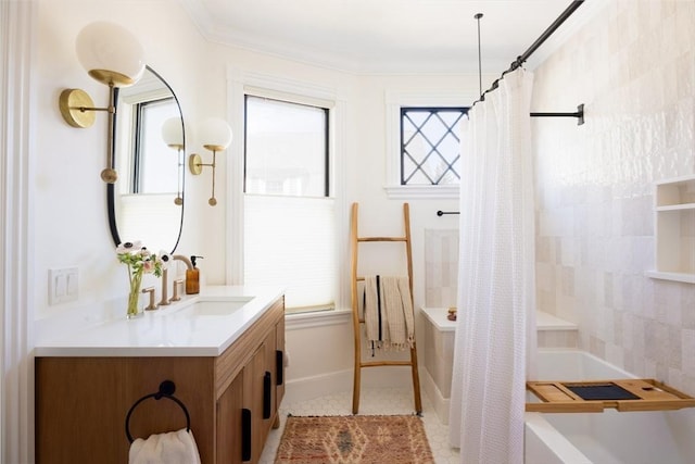 26 Moultrie St Unit 26, Boston, MA 02124 - bathroom featuring healthy amount of natural light, vanity, shower / tub combo, and ornamental molding