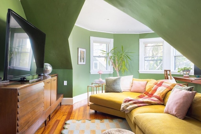 26 Moultrie St Unit 26, Boston, MA 02124 - living area featuring plenty of natural light, baseboards, light wood-style floors, and ornamental molding